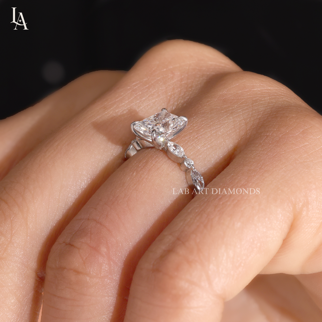 Cushion Cut Marquise Accent Solitaire Engagement Ring