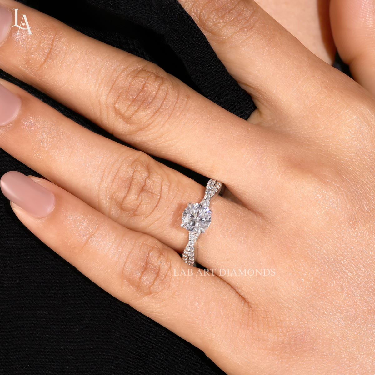 Beaded Twist Milgrain Pave Engagement Ring