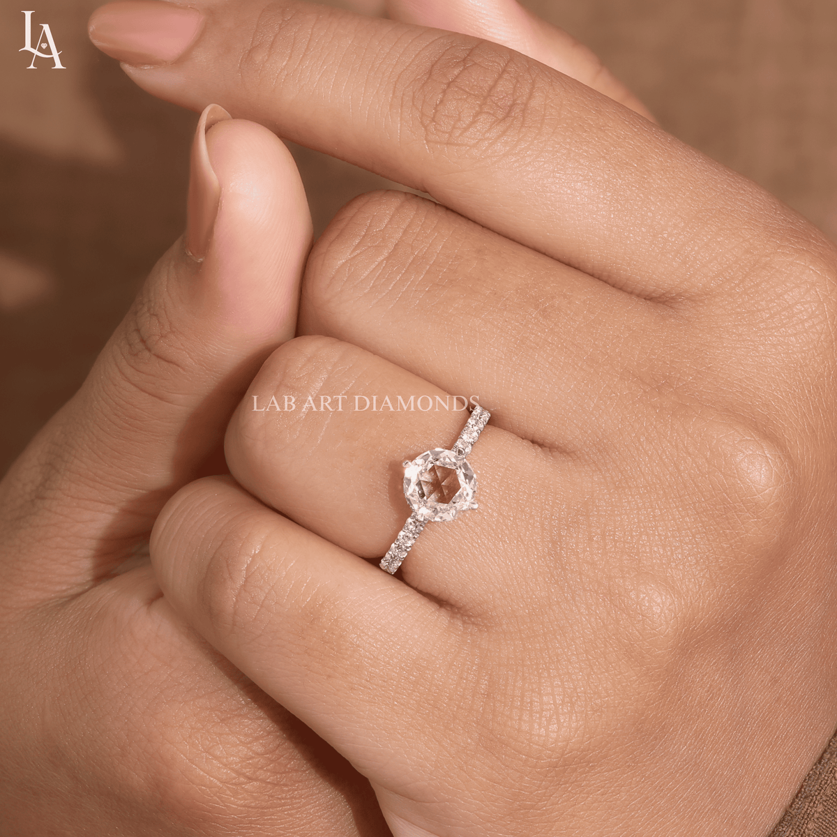 Round Rose Cut Hidden Halo Engagement Ring