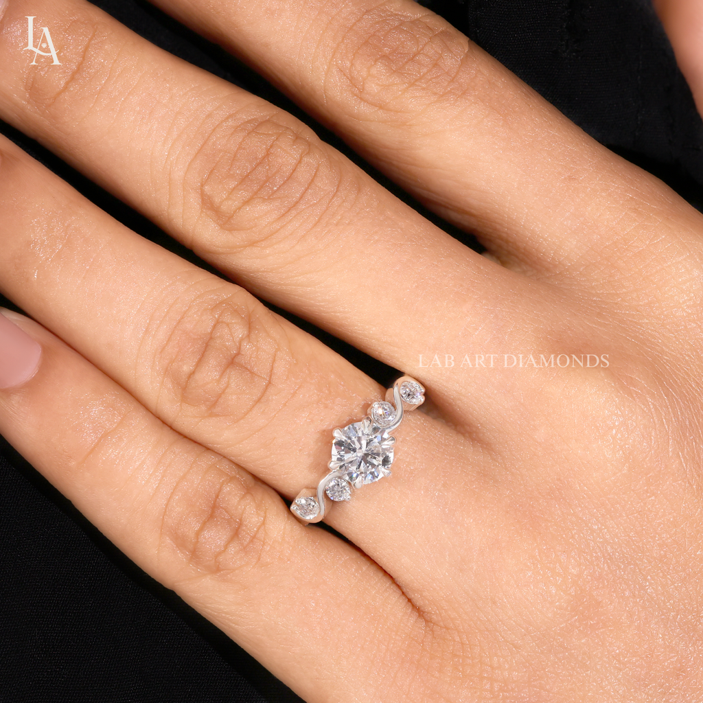 Round Cut Scattered Wave Vine Engagement Ring