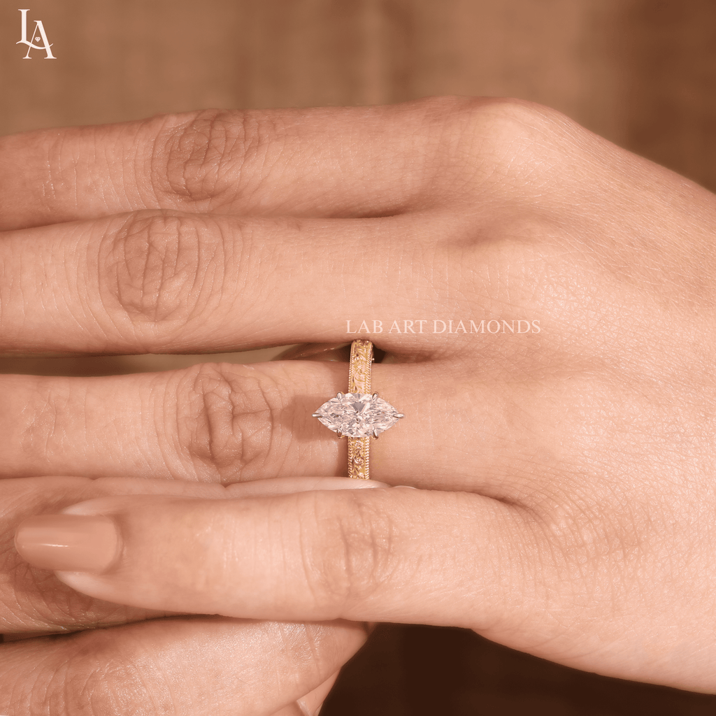 Marquise Cut Vintage Hand Engraved Solitaire Engagement Ring