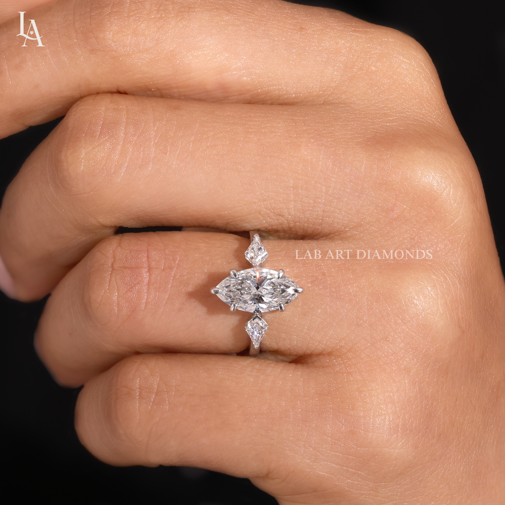 Marquise Cut 3 Stone Kite Side Art Deco Engagement Ring