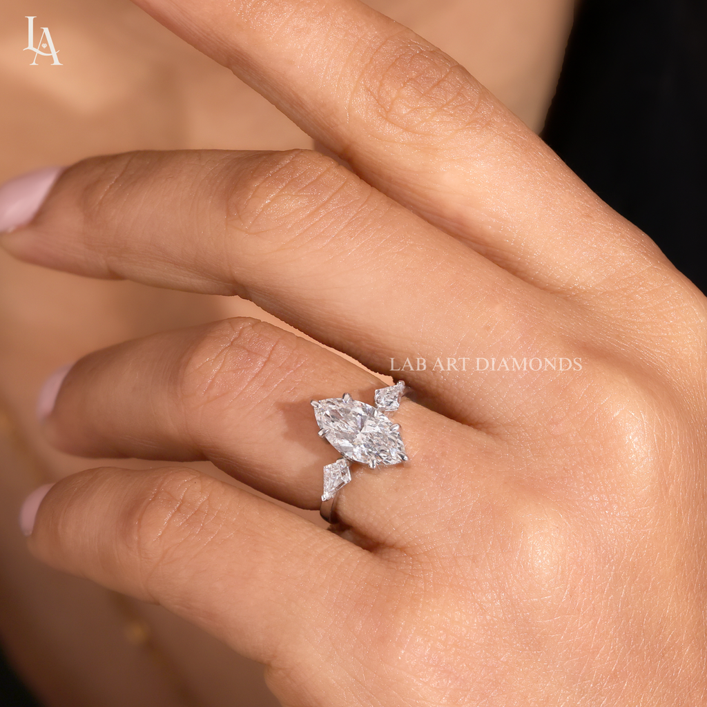 Marquise Cut 3 Stone Kite Side Art Deco Engagement Ring