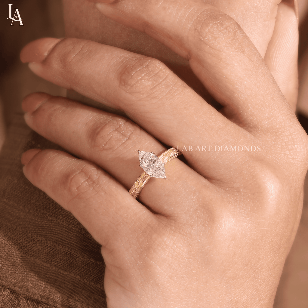 Marquise Cut Vintage Hand Engraved Solitaire Engagement Ring