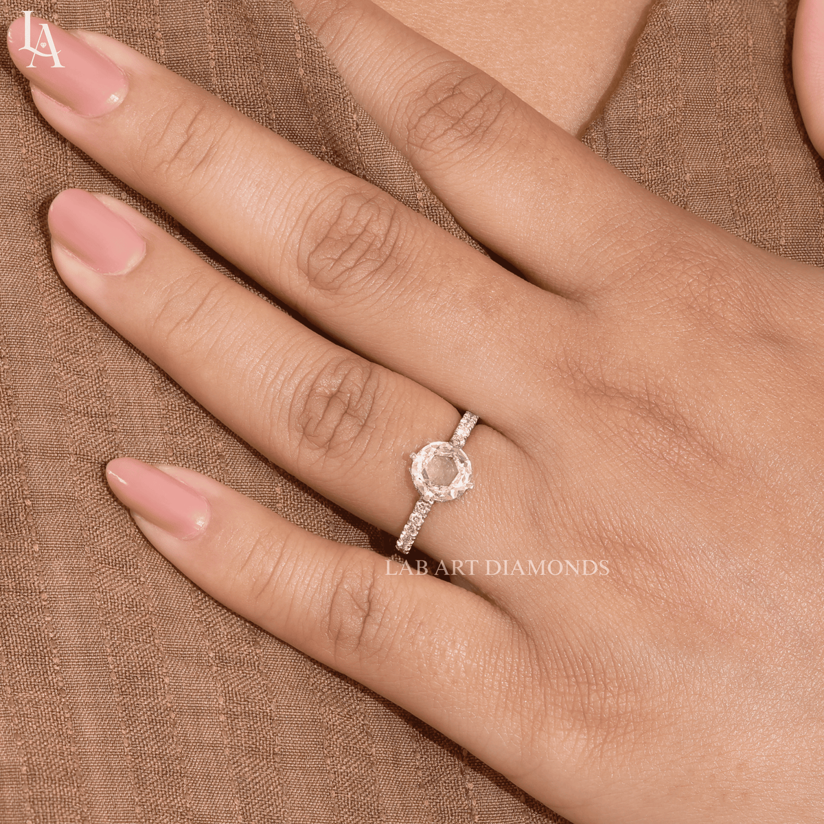 Round Rose Cut Hidden Halo Engagement Ring