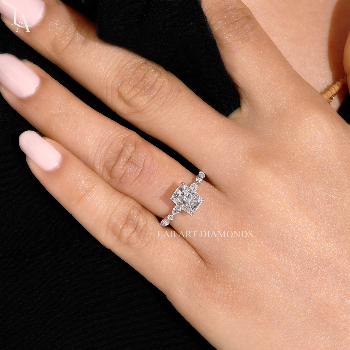 Cushion Cut Marquise Accent Solitaire Engagement Ring