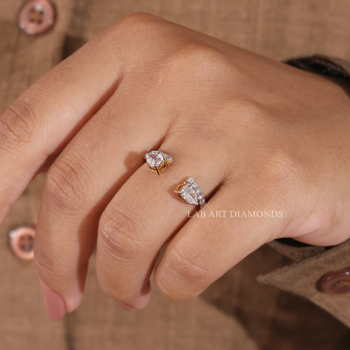 Pear Cut Open Cuff Toi et Moi Two Stone Ring