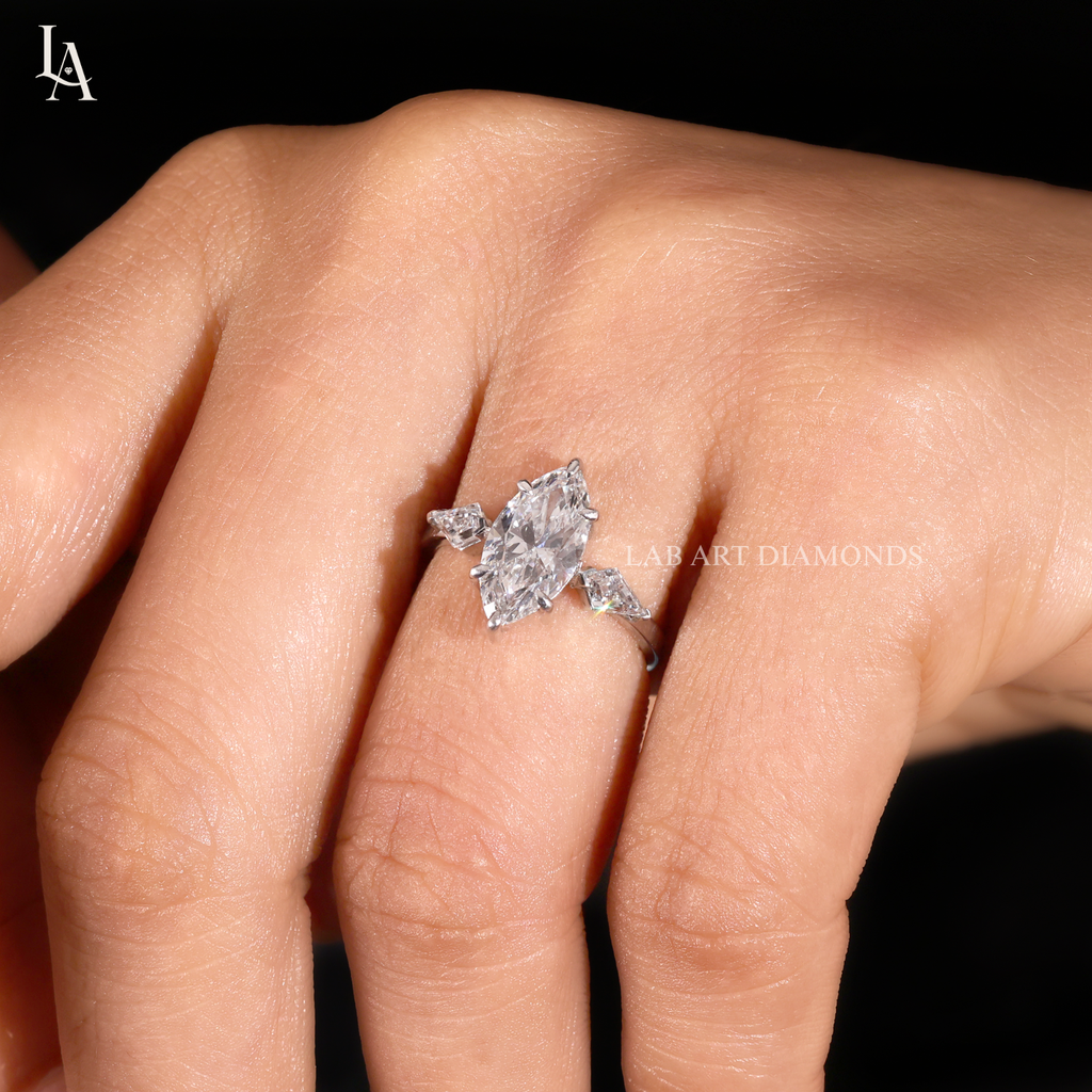 Marquise Cut 3 Stone Kite Side Art Deco Engagement Ring