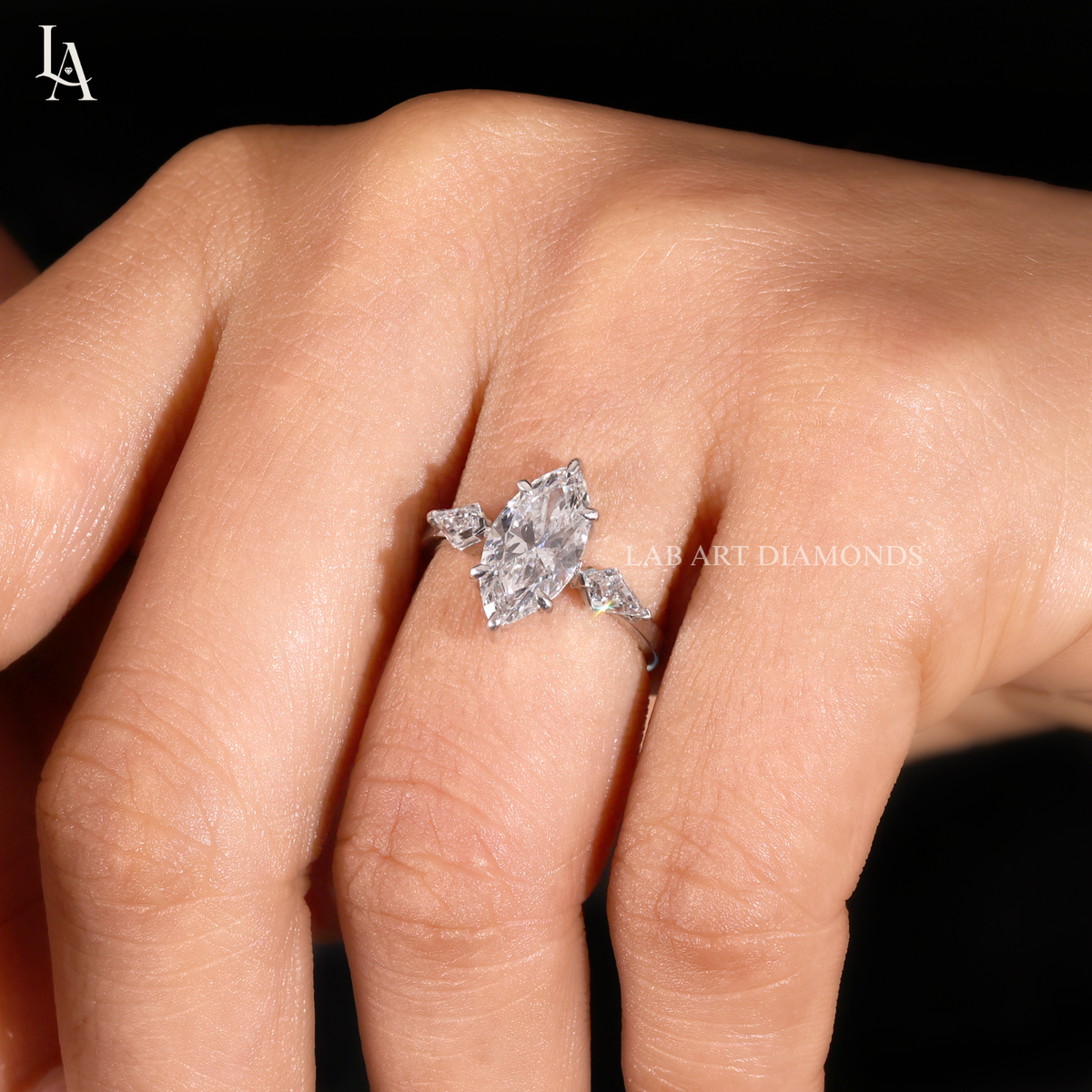 Marquise Cut 3 Stone Kite Side Art Deco Engagement Ring