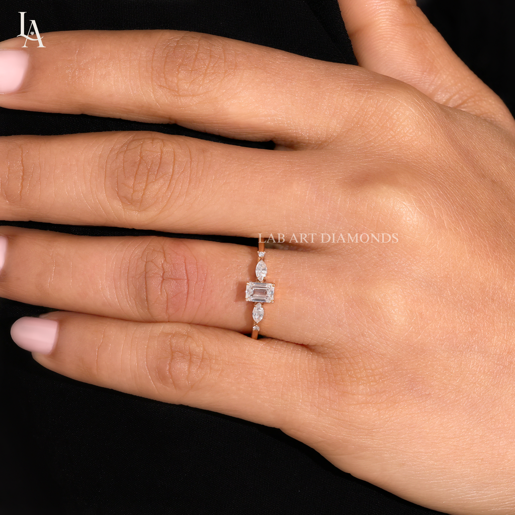 Emerald Cut Marquise Cluster Diamond Engagement Ring