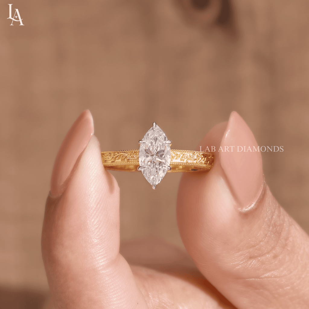 Marquise Cut Vintage Hand Engraved Solitaire Engagement Ring