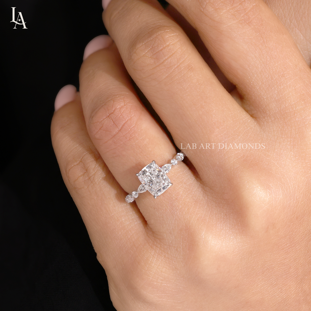 Cushion Cut Marquise Accent Solitaire Engagement Ring