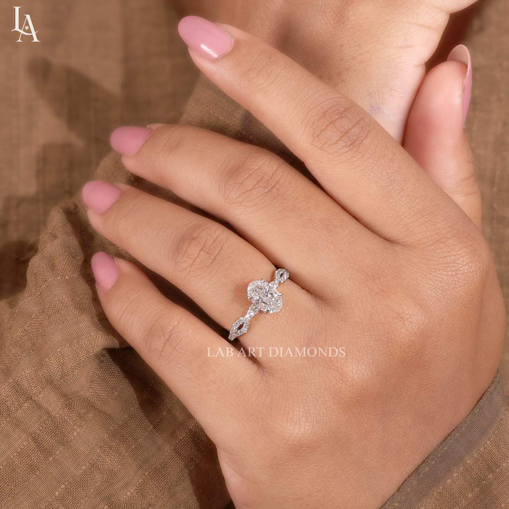 Oval Cut Hidden Halo Twisted Pave Band Engagement Ring