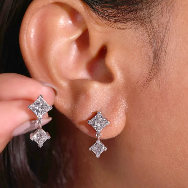 Princess Cut Dangle Drop Earrings